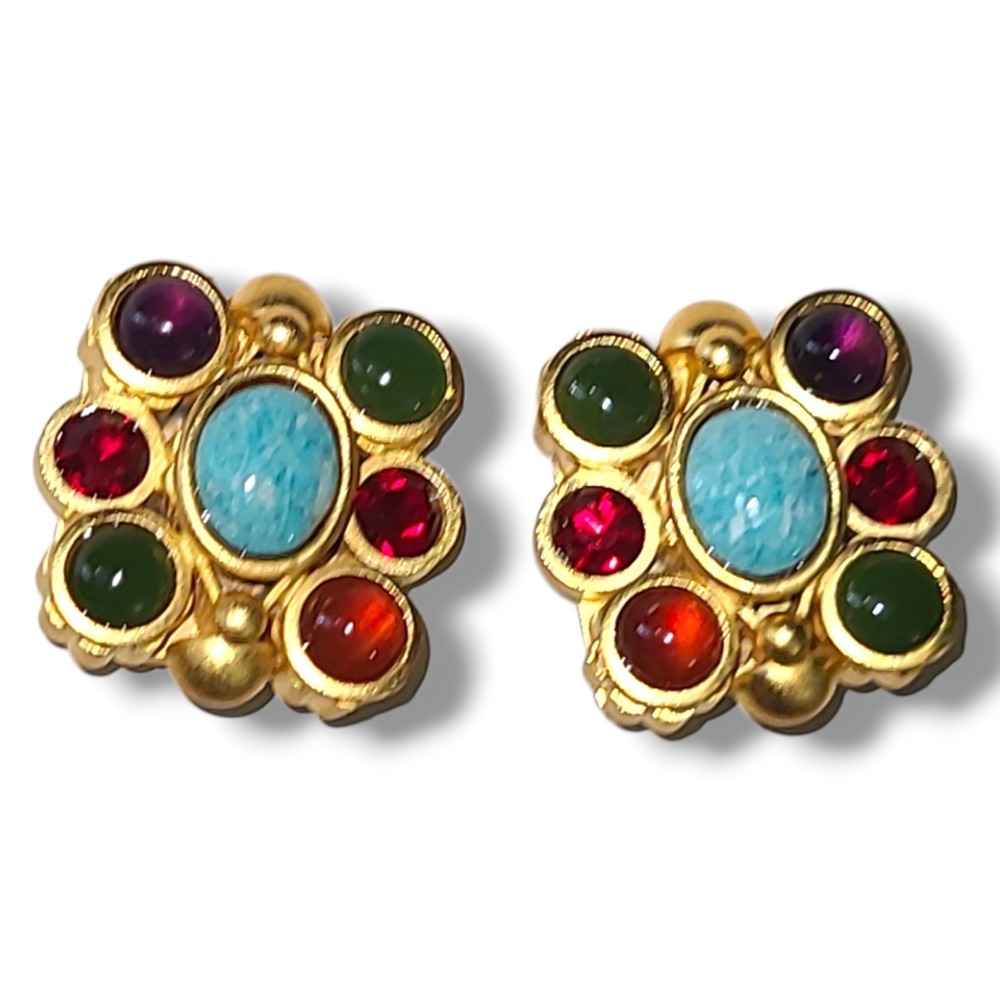 Vintage Natasha Stambouli Signed Navaratna Style‎ Clip Earrings 24K Gold Plate